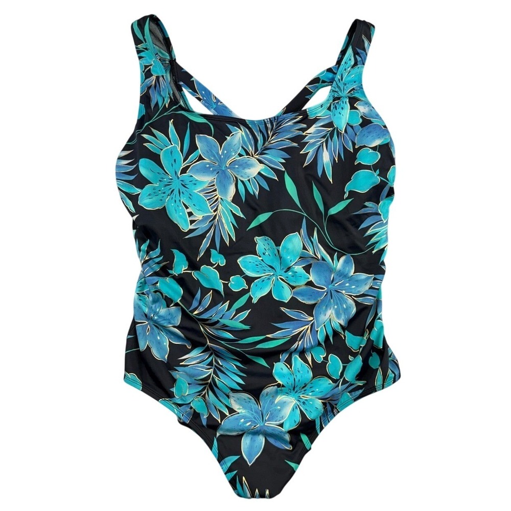 Longitude Womens Plus 22W Tropical Floral One Piece Swimsuit Blue Black Gold
